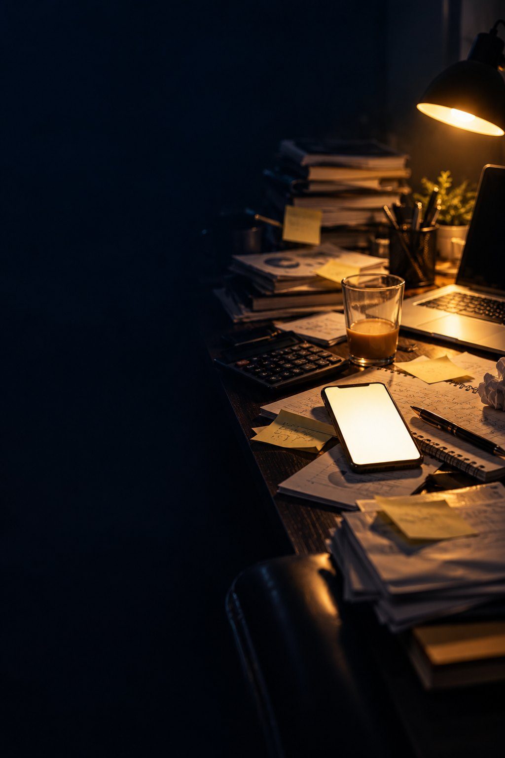 A late-night cluttered desk with notes and messages in Dubai