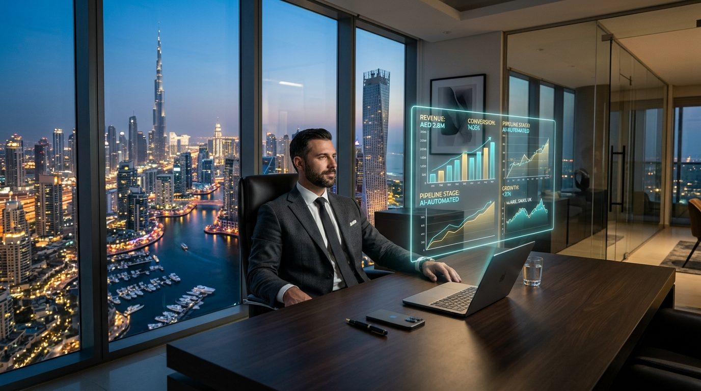A Dubai business founder operating his company with automated AI dashboard systems overlooking Dubai Marina