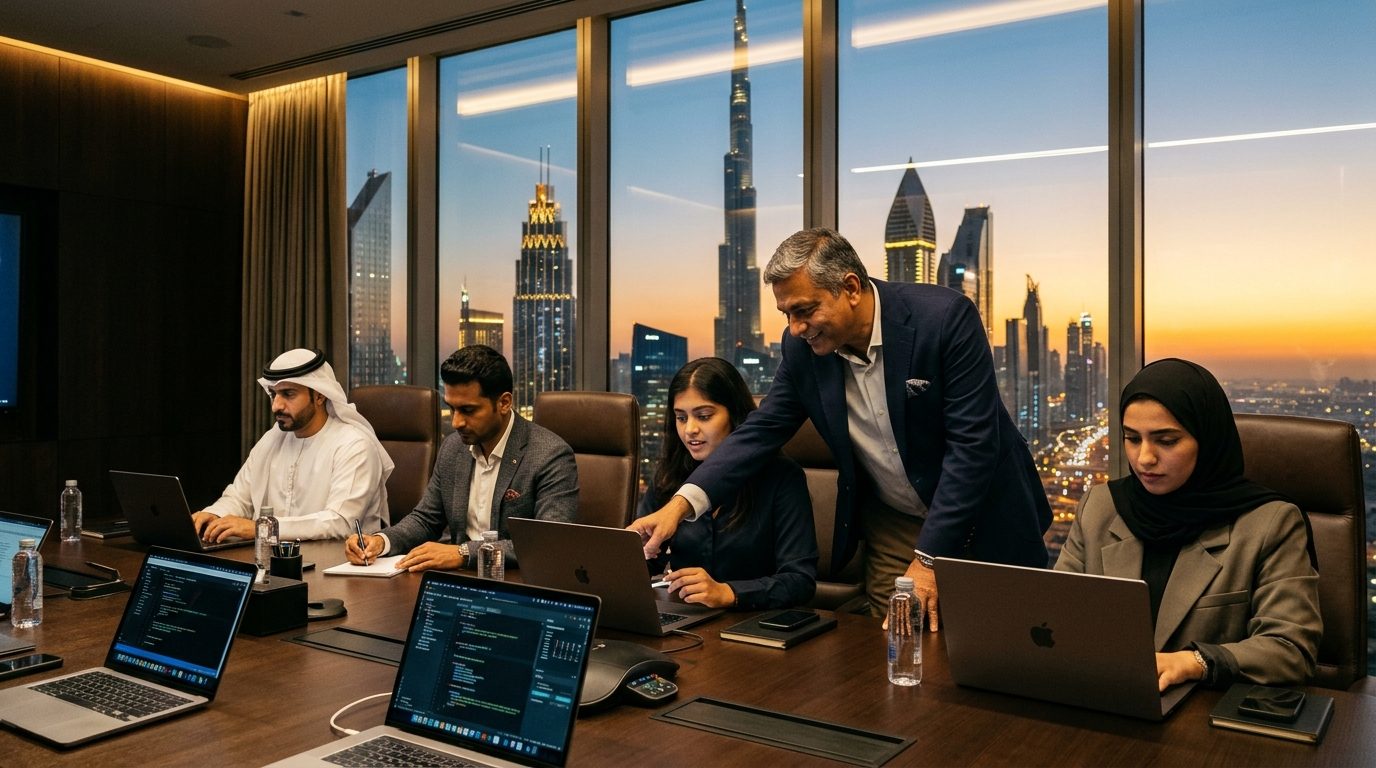 Exclusive boutique AI masterclass with entrepreneurs working on laptops in a Dubai luxury high-rise boardroom